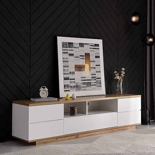 Winmores Meuble TV moderne en bloc de couleur blanche, meuble TV avec grain de bois, 180 cm (180 x 38 x 46 cm) - Nail Gallerys