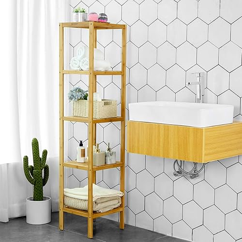 SONGMICS Étagère de Salle de Bain à 5 Niveaux en Bambou, Étagère de Rangement pour la Cuisine, 33 x 33 x 146 cm (L x l x H), pour Espace réduit, Salon, Chambre, Couloir BCB55Y - Nail Gallerys