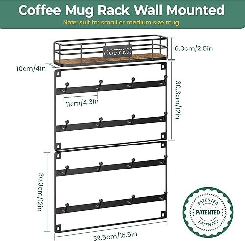 EsLuker.ly Support mural pour tasses avec crochets, support de tasse à café, étagère pour cuisine, café, bar, rangement à suspendre pour 16 tasses, noir - Nail Gallerys