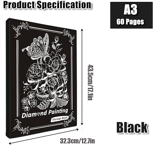 MUFEKUM Album photo A3 avec 60 feuilles, livre de rangement pour peinture diamant pour travaux de finition, pochettes d'art diamant (noir) - Nail Gallerys