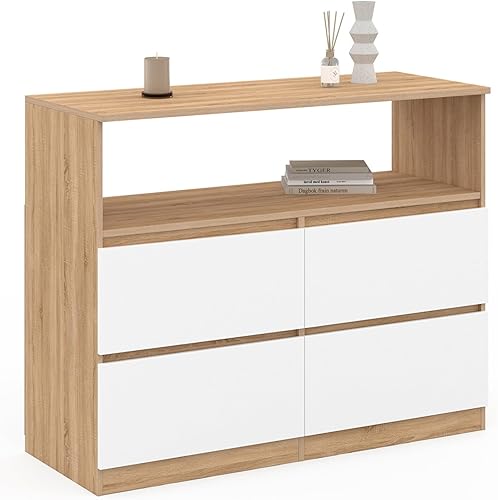IDMarket - Commode 4 tiroirs TOMI 100 cm avec Niche façon hêtre et Blanc - Nail Gallerys