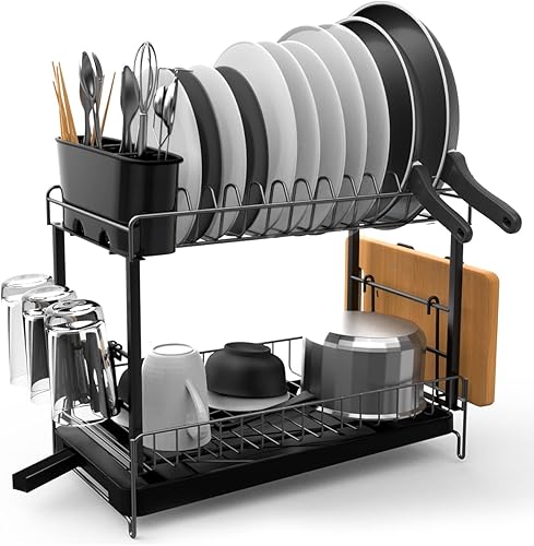 TONGKTAI Égouttoir à Vaisselle, Egouttoir à 2 Niveaux en Acier Inoxydable Antirouille avec bac D'égouttement pour Comptoir de Cuisine ou Evier, Noir - Nail Gallerys