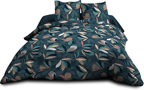 Le linge de Jules Parure Drap Plat + Drap-Housse 140x190 + 2 T - Pur Coton 57 Fils - Lena, Bleu - Nail Gallerys