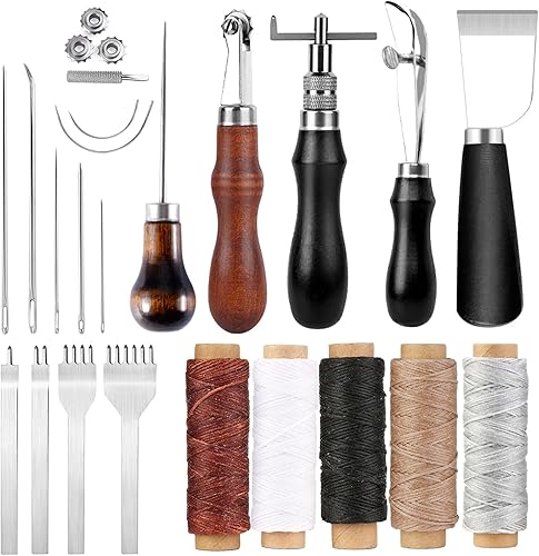 Ensemble d'outils de couture en cuir, ensemble de bricolage en cuir avec 5 couleurs de fil de cire, aiguilles à coudre en cuir, burin à trous, couteau à découper en cuir pour la couture du cuir - Nail Gallerys