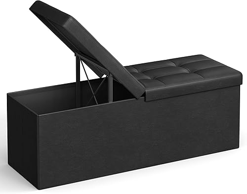 SONGMICS Banc de Rangement Pliable, Coffre avec Couvercle Rabattable, Tabouret, Bout de lit, Volume 120L, Charge Statique maximale 300 kg, 110 x 38 x 38 cm, Noir LSF75BK - Nail Gallerys