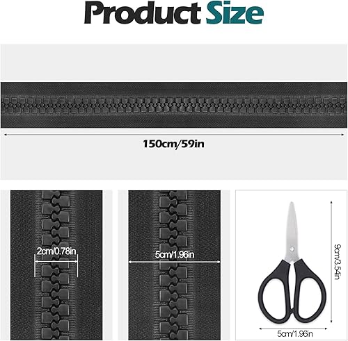 Fermeture éclair en plastique avec ciseaux - Extra longue de 150 cm - Grande fermeture éclair noire séparable pour vestes - Étanche - Fermeture éclair ouverte robuste pour manteaux, doudounes, couture - Nail Gallerys
