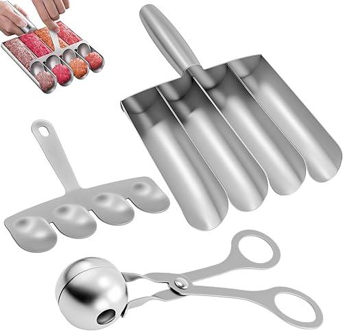 Moule à boulettes de viande en acier inoxydable - 4 tubes - Moule à boulettes de viande - Anti-adhésif - Avec spatule - Pour ustensiles de cuisine - Avec 1 pince à boulettes de viande - Nail Gallerys