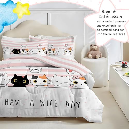 Qiwagu Couette 140x200 Enfant Imprimée Chat Dessin Animé, Couette 1 Personne pour Lit 90x190 cm, Chaude Anti-acariens, Microfibre Douce et Confortable, Lavable en Machine (Blanc Rose) - Nail Gallerys