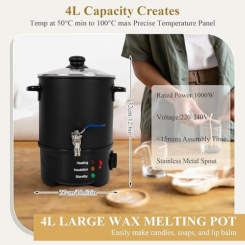LIROPAU Fondeur de Cire pour la Fabrication de Bougies, 4L Fondoir à Cire Électrique, Pot de Fusion Savon Bougie Électrique Grande Capacité Pot, Kit de Fabrication de Savo DIY avec Bec Verseur - Nail Gallerys