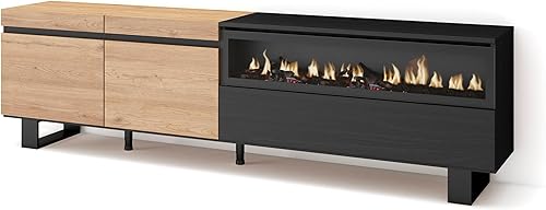 Skraut Home | Meuble TV | Banc Télé | Grand Espace de Rangement | 200x57x35cm | pour Les TV jusqu'à 80' | Cheminée électrique | Design Industriel | Style Moderne | Chêne et Noir - Nail Gallerys