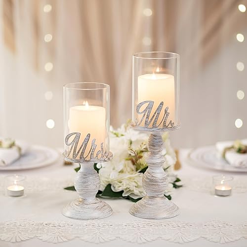 Sziqiqi Bougeoirs Piliers Mr Mrs pour Centre de Table Mariage - Bougies Hurricane en Verre Bougeoirs en Métal Cadeaux pour Les Couples de Mariés Décoration de Fête Mariage - Nail Gallerys