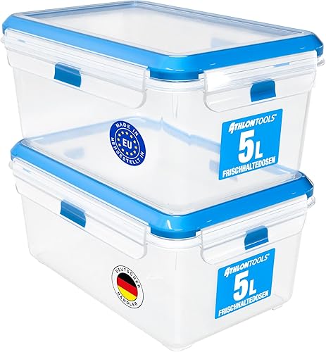ATHLON TOOLS Lot de 2 boîtes de conservation de 5 l de qualité gastronomique - 100 % hermétiques et anti-fuite - 40 à + 100 °C - Pour tous les aliments - Sans BPA - Fabriquées en Union Européenne - Nail Gallerys
