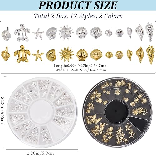 craspire 2 boîte de Décoration D'Ongles Océan 3D Charms 12 Styles en Alliage Métallique Argenté Clous de Conception Kit de Pierres Précieuses Tortue de Mer Étoile de Mer Coquillage Conque pour Femmes - Nail Gallerys