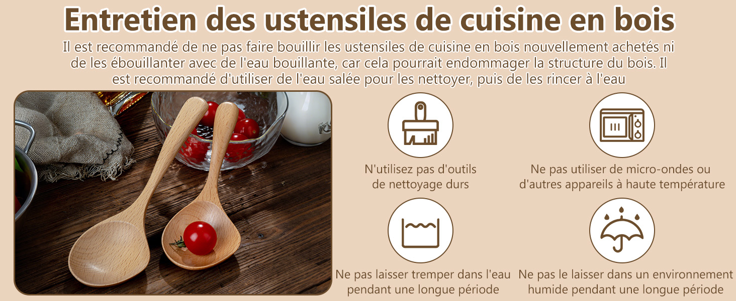 Louche en Bois, 8" Cuillère à Porridge en Bois à Long Manche Cuillère 