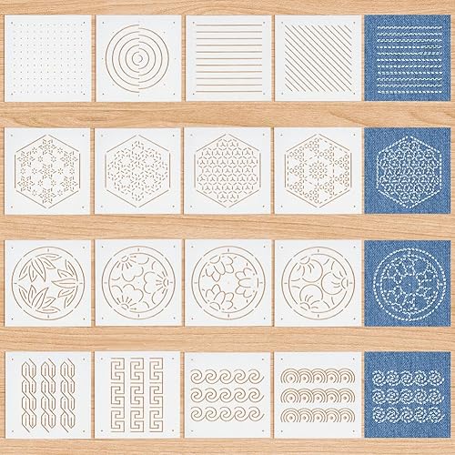 BENECREAT 16 pochoir Sashiko en Plastique de Styles Mixtes Points et Lignes 13x13cm Grille Hexagones Outil de Broderie de Plantes Modèle de Ligne pour le Matelassage Broderie, Épaisseur de 0.3mm - Nail Gallerys