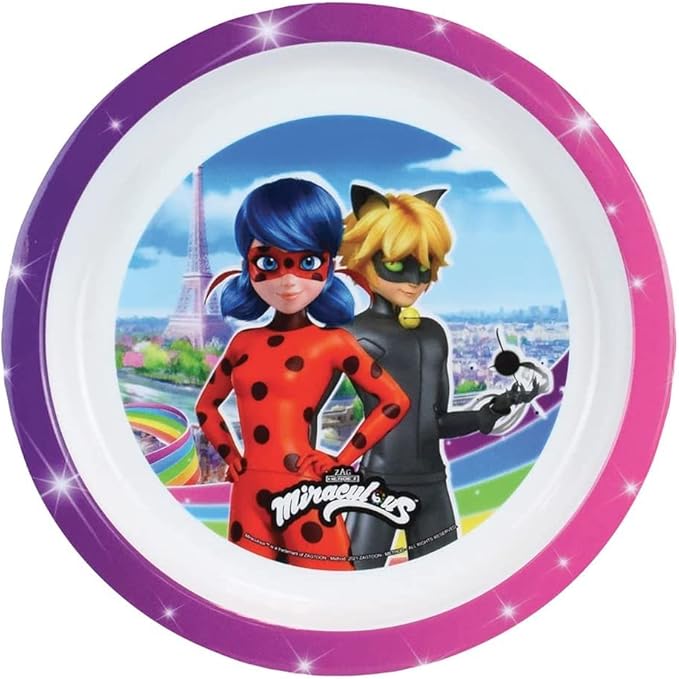 Fun House MIRACULOUS - Ensemble repas 3 pièces (assiette, bol, verre) et 2 couverts pour enfants avec héros préférés - Nail Gallerys