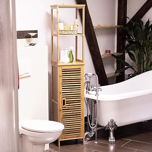 Relaxdays Armoire de salle de bain étagère rangement avec porte 2 tablettes réglables en bois de bambou colonne avec 6 étages HxlxP: 170 x 33,5 x 28 cm pour serviettes accessoires de douche, nature - Nail Gallerys