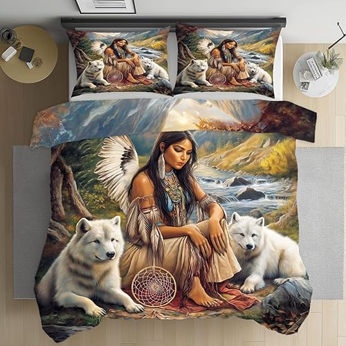 Dpvbffx Parure de Lit Amérindien Tribal Femme Loup Microfibre, Style Bohème Indien Housse de Couette 2 Personne, 220x240 Literie Ado Adulte avec Fermeture Éclair et 2 Taies d'oreiller 80x80 - Nail Gallerys