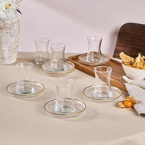 Karaca Juliet Service à thé turc 12 pièces pour 6 personnes, 170 ml, verre, service à thé turc doré, verres à thé de luxe, service à thé élégant, doré - Nail Gallerys