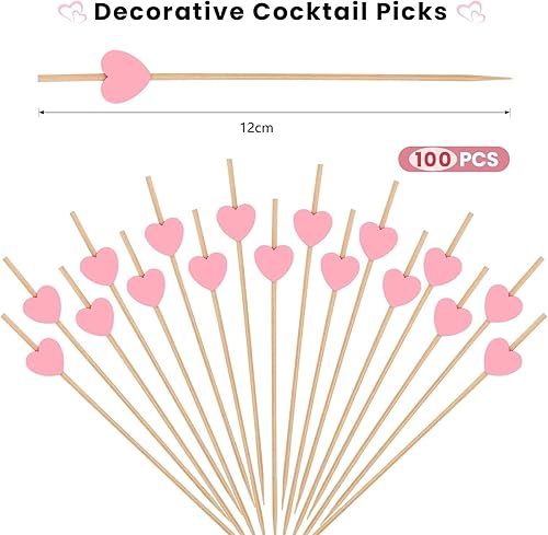 Lot de 100 brochettes à cocktail en bois de 12 cm - En forme de cœur - Pour cocktails - Décoration de fête (cœur rose) - Nail Gallerys