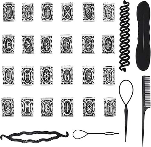 24 Pièces Perles de Cheveux de Barbe, Viking Barbe Perle, Alliage Dreadlock Perles, Perles de Rune Viking Nordiques Kit de Perles pour Tressage de Cheveux Bracelet Pendentif Collier Bricolage - Nail Gallerys