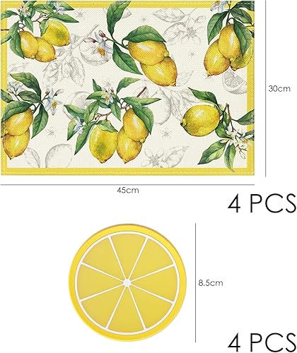 Lot de 4 sets de table décoratifs avec citron, 4 dessous de verre au citron, tapis de vaisselle pour l'extérieur, fournitures de cuisine, sets de table décoratifs pour les fêtes - Nail Gallerys