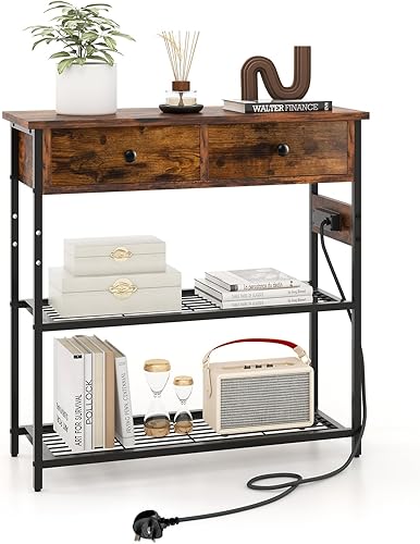 GIANTEX Table Console Étroite avec Prise, Meuble Console avec 1 Ports USB, 1 Type-C, Table d'Entrée Industriel avec 2 Tiroirs, 2 Étagères en Treillis Métallique, 81 x 30 x 81 cm(Marron Rustique) - Nail Gallerys