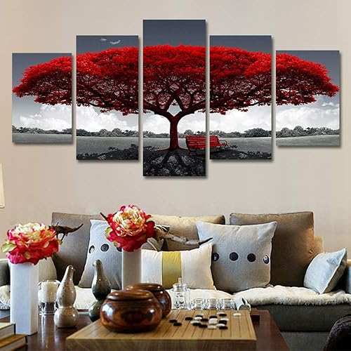 RDCHY Impression sur Toile - Tableau Multi Panneaux - Paysage d'arbre Rouge Tableau Peinture sur Toile Moderne pour Salon Appartement Chambre Décoration, 5 Pieces/sans Cadre - Nail Gallerys