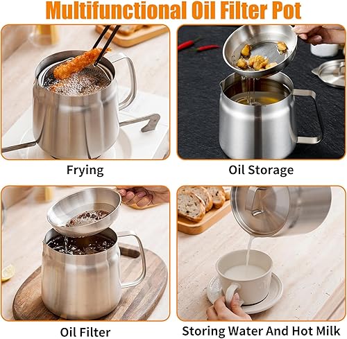 Friteuse Acier Inoxydable 304 avec Mailles Filtre Fines & Filtrant Panier, Marmite Huile Multifonctionnelle 2L Couvercle Anti-Poussière, Récipient Graissee Poignée pour Graisse Cuisson Frire - Nail Gallerys