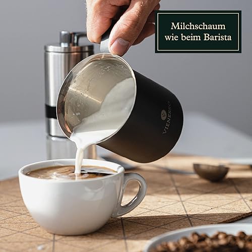 VIENESSO Moussoir à lait en acier inoxydable (manuelle) : Moussoir à lait/Moussoir à lait avec double tamis : produit une mousse de lait crémeuse pour les spécialités de café, avec cuillère - Nail Gallerys