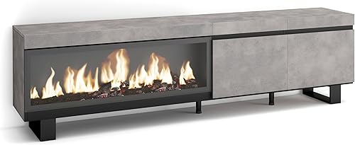 Skraut Home | Meuble TV | Banc Télé | Grand Espace de Rangement | 210 | pour Les TV jusqu'à 80' | Cheminée électrique XXL | Design Industriel | Style Moderne | Ciment - Nail Gallerys