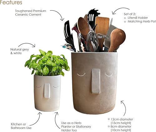 Lot de 2 porte-ustensiles en céramique résistante pour cuisine ou salle de bain Gris naturel et blanc - Nail Gallerys