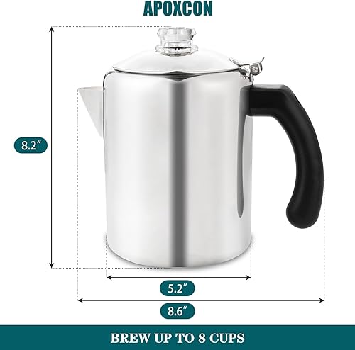 APOXCON Percolateur à café en acier inoxydable avec bouton en verre résistant à la chaleur - Cafetière de camping - Utilisation sur n'importe quelle cuisinière - Argenté - 8 tasses - Nail Gallerys