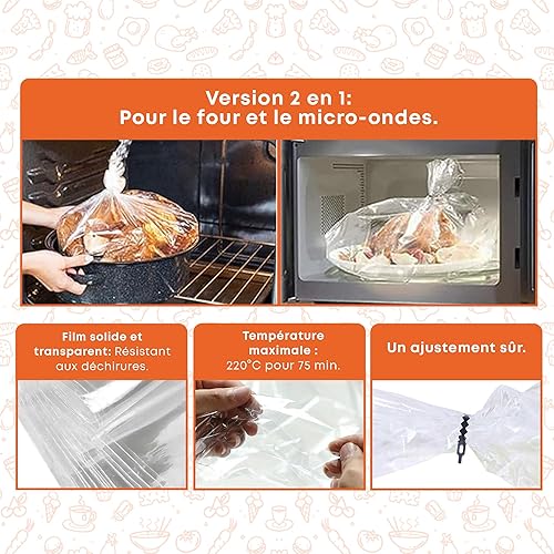 YUGN Sacs à Rôtir Four et Micro-ondes 2 en 1 – 20 Pcs 38 x 24 cm – Résistants à Haute Température – Avec Brosse Cuisine – Pour Viande, Poisson, Légumes - Nail Gallerys
