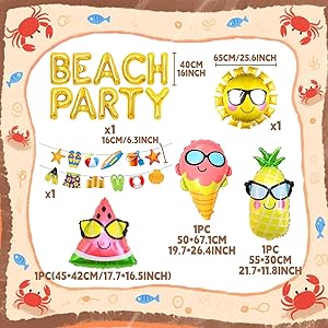 Infographie colorée sur les fêtes sur la plage avec des illustrations de dessins animés de crabes, de lunettes de soleil et d'articles de fête, avec des informations sur les mesures et les tailles.