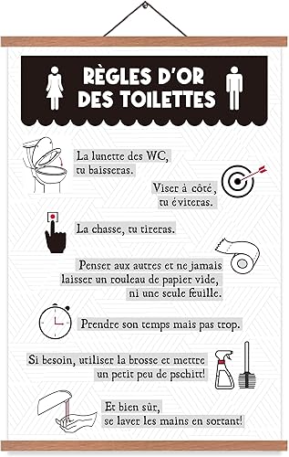 EASTJOY Tableau des Règles des Toilettes, Règles d'Or des Toilettes, Décoration WC, Affiche à Suspendre, avec Porte-Affiche en Teck, Cadeaux Créatifs, DIN A2 (60 x 40 cm) - Nail Gallerys