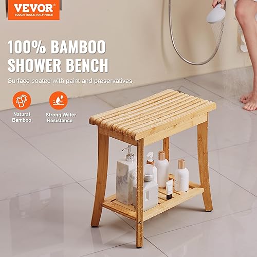 VEVOR Banc de Douche en Bambou, 485 x 288 x 465 mm, Tabouret de Douche étanche avec étagère de Rangement, capacité de 149,7 kg, pour Adultes, Personnes âgées, intérieur et extérieur, Salle de Bain - Nail Gallerys