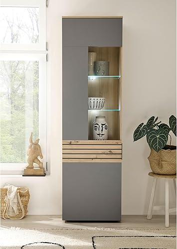 Stella Trading BZ 5110 Vitrine en Gris, Aspect chêne Artisan certifié FSC, vitrine Moderne, avec éclairage LED et Beaucoup d'espace de Rangement, 58 x 199 x 37 cm (l x H x P) - Nail Gallerys