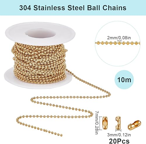 SUNNYCLUE Chaîne à Billes en Or de 32.8 pied/10 m Porte Clés en Acier Inoxydable avec 20 fermoirs de Connecteur Ornements Suspendus Chaîne pour Plaque D'Identité pour la Fabrication de Bijoux Collier - Nail Gallerys