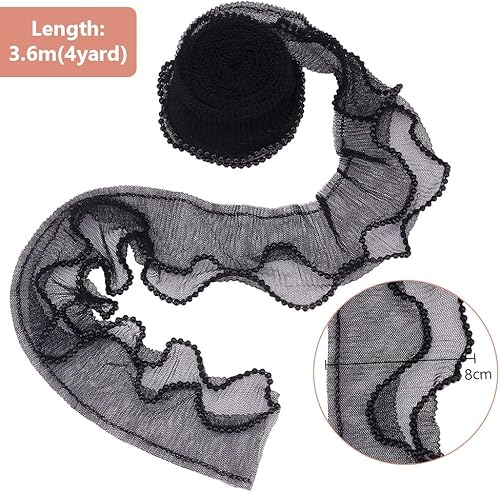 PH PandaHall 3.7m Bordure Plissée à Volants, Ruban en Tissu Élastique 2 couche de 8cm de Large Tissu en Tulle Noir Dentelle Appliquée pour la Coupe la Couture Artisanale les Poignets Décor - Nail Gallerys