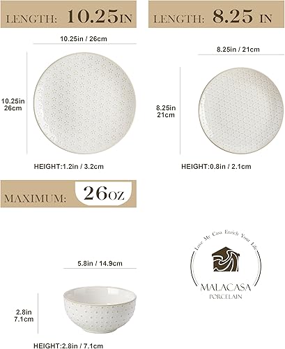 MALACASA Services de Vaisselle en Grès pour 4 Personnes, 12 Pièces Blanche Assiettes Service de Table, contient Assiettes Plates/Creuses/Bols - Série LYDIA - Nail Gallerys