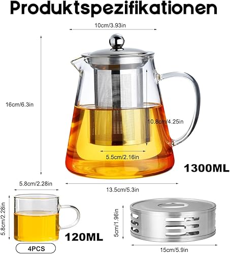 CEWROM Théière en Verre Borosilicate avec Infuseur et Réchaud - Service à Thé pour 4 Personnes - 1,3 L - Transparent - Nail Gallerys
