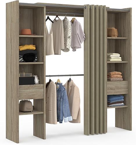 IDMarket - Dressing Extensible Double Meryl 120/180 x 50 x 180 cm hêtre avec étagères + Double penderie + Rideau Taupe - Nail Gallerys