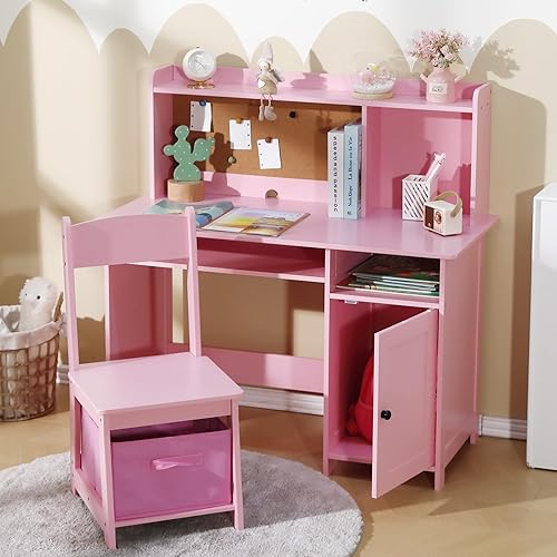 JOYLDIAS Bureau pour enfant en bois avec chaise, table d'apprentissage multifonctionnelle avec étagères et espace de rangement - Rose - Nail Gallerys