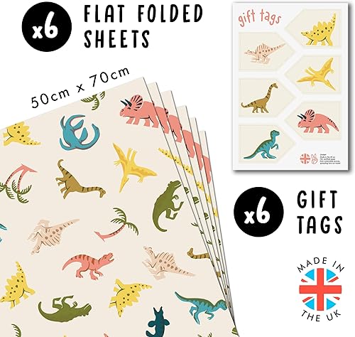 Papier cadeau dinosaure pour enfant - 6 feuilles de papier cadeau - Dino et palmiers - Cadeaux d'anniversaire garcon - Papier cadeau anniversaire fille - Baby Shower - avec autocollant - Central 23 - Nail Gallerys