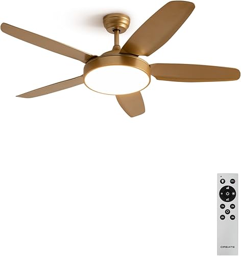 CREATE / WINDFLAT/Ventilateur de plafond avec lumière et télécommande, or / 40W, Silencieux, Ø132 cm, 6 vitesses, minuterie 1 à 4h, été-hiver, double hauteur, moteur DC - Nail Gallerys