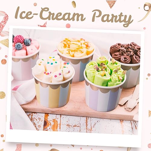 Coupes en Papier Confettiville, 50 pièces, 11 oz, Bols à Dessert Jetables pour Aliments Chauds ou Froids, 5 Couleurs Rayées Pastel avec Dorure Découpée - Nail Gallerys