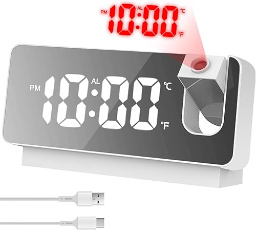 Réveil numérique à projection avec projecteur et affichage de la température - Projection rabattable à 180° - Grand écran LED - Réveil miroir USB pour chambre à coucher, salon - Nail Gallerys