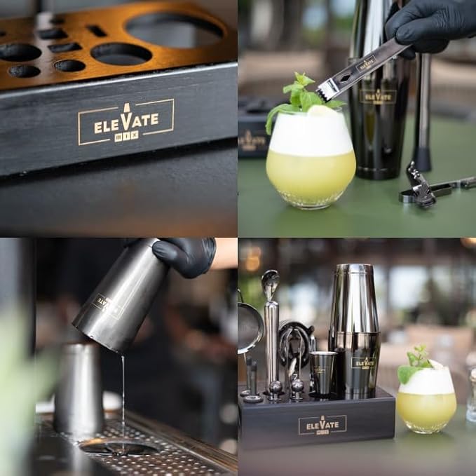 Kit de Cocktail de Luxe Elevate Mix - Ensemble Complet 14 Pièces en Acier Inoxydable Noit Mat avec Shaker 750 ML- Support en Bambou -Kit de mixologie-Professionnel- Barman et Amateur - Nail Gallerys