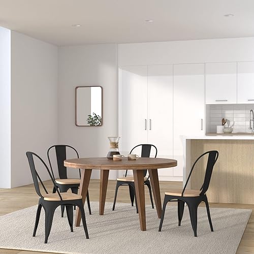 Kosmi - Lot de 4 chaises en métal Noir Mat et Assise en Bois Clair - Style Industriel - Nail Gallerys